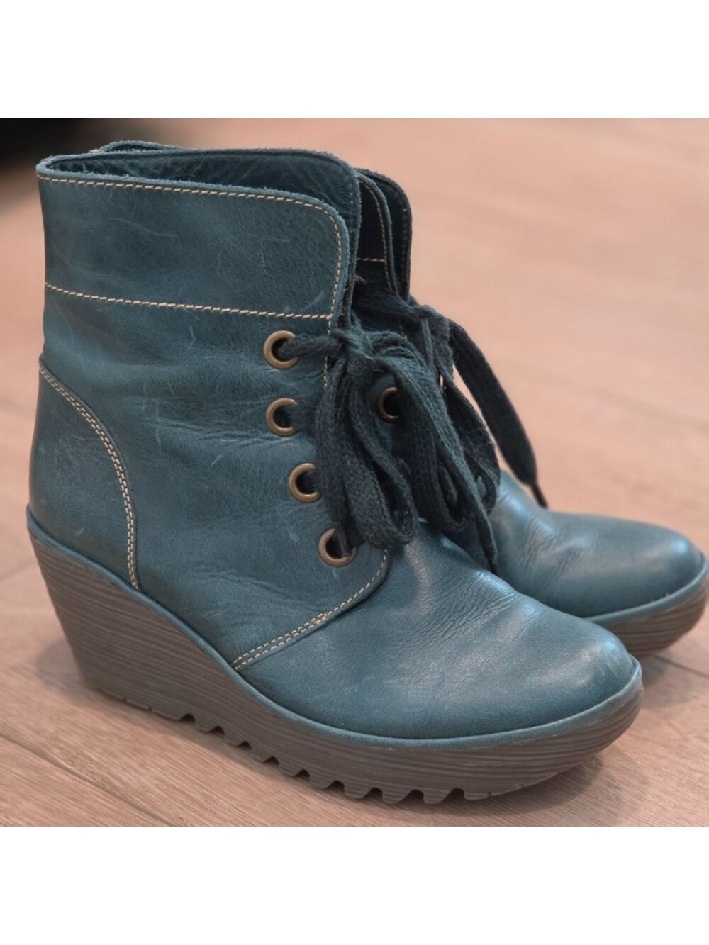 Fly London Yarn Teal Green Leather Wedge Booties Boots Size 40 US 9